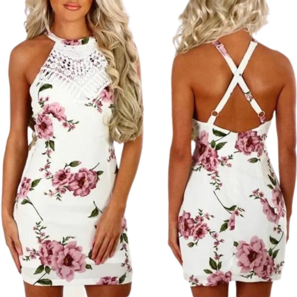 Yoins Lace Halter Floral Dress NWT Size Large